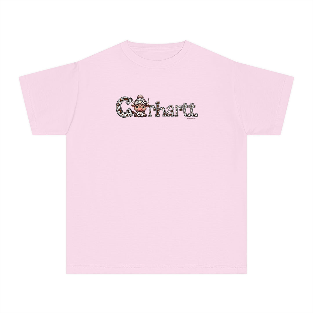 A pink Cowhartt Cow Kids Tee with a cartoon cow design, perfect for active kids. 100% combed ringspun cotton, soft-washed, and garment-dyed for comfort. Classic fit for all-day wear.