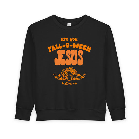 Black crew-neck sweatshirt for toddlers featuring are you FALL-O-WEEN JESUS text and pumpkin graphic, combining warmth with a playful, faith-inspired design.