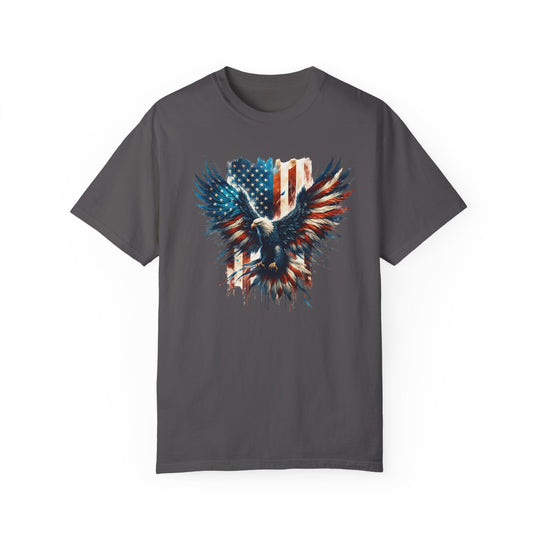 A grey American Eagle Tee on a ring-spun cotton t-shirt. Relaxed fit, double-needle stitching for durability, and seamless design for comfort. Perfect for daily wear.