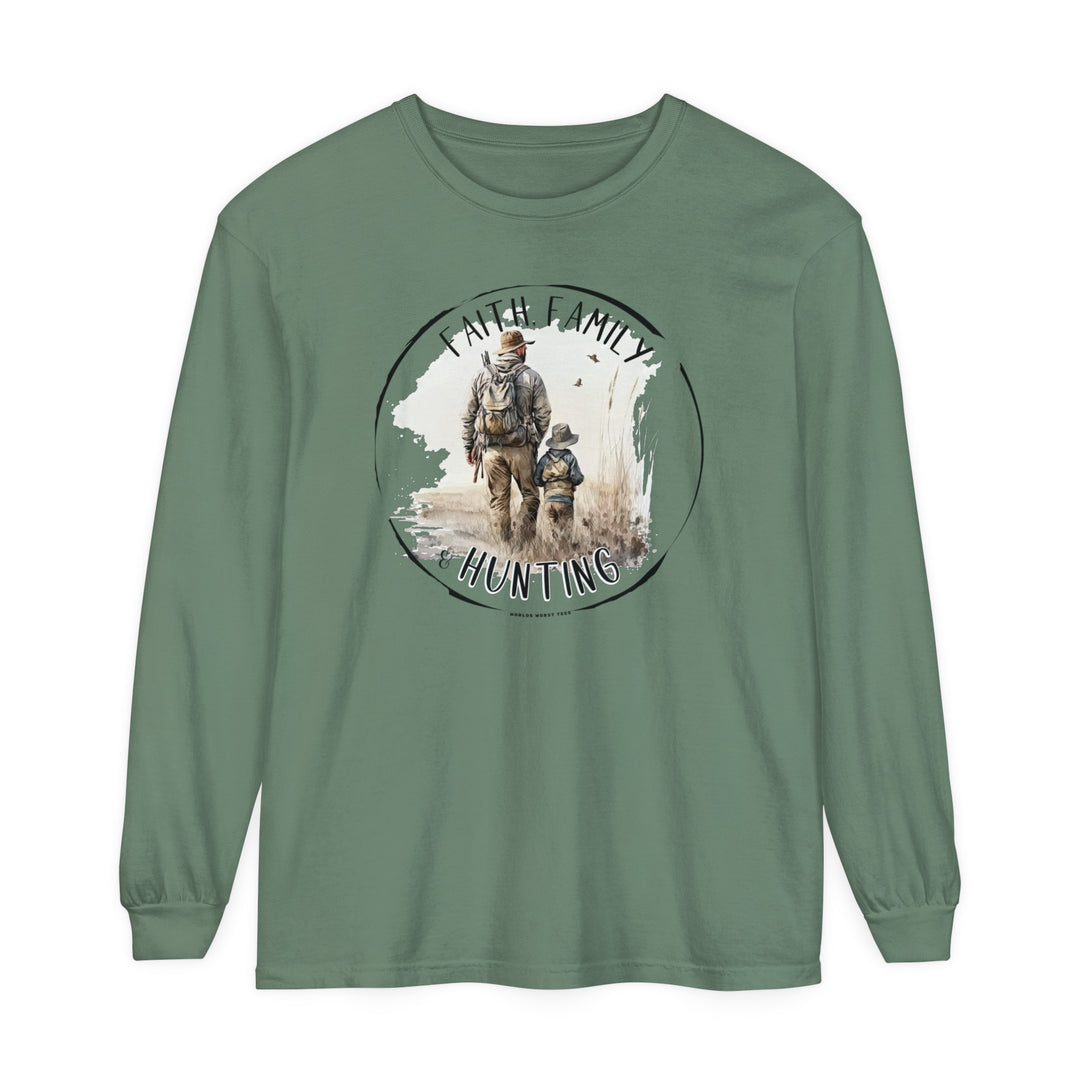 A green Faith Family Hunting Long Sleeve T-Shirt in a field, featuring a man and child walking. Made of soft 100% ring-spun cotton with a relaxed fit for comfort. Ideal for casual wear.