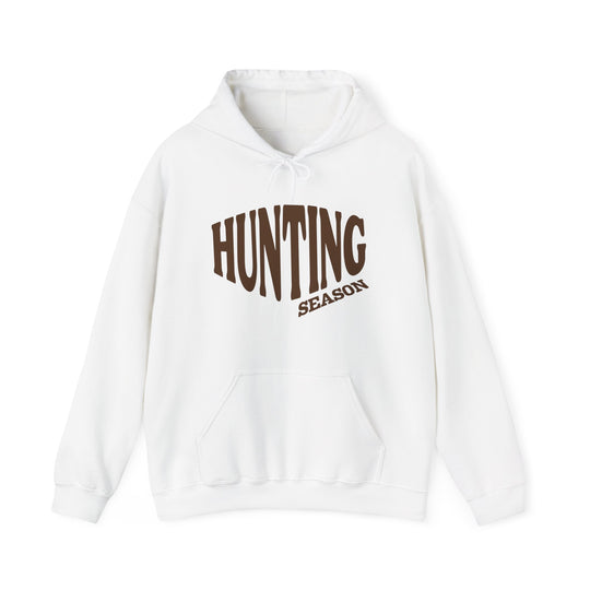 White Hunting Season hoodie with kangaroo pocket and drawstring hood, featuring bold brown lettering. Cozy cotton-polyester blend for warmth and comfort.