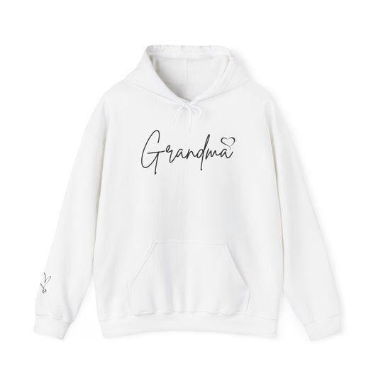 A white Grandma Love Hoodie with black text, featuring a kangaroo pocket and drawstring hood. Unisex heavy blend fabric for warmth and comfort. Sizes range from S to 5XL. Classic fit, tear-away label.