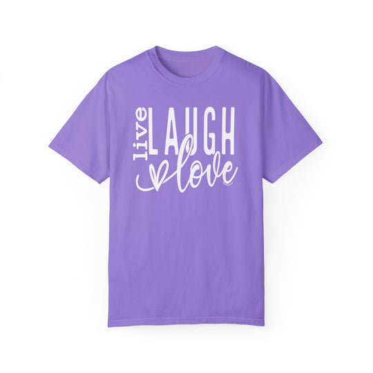 A relaxed fit Live Laugh Love Tee, crafted from 100% ring-spun cotton with double-needle stitching for durability. Garment-dyed for extra coziness, featuring a tubular shape without side-seams. Sizes: S-3XL.