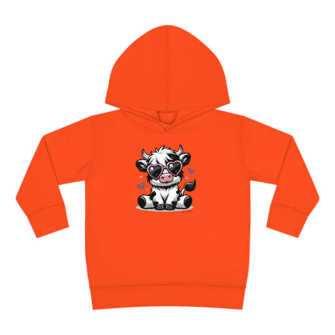 Cute Cow Toddler Hoodie with cartoon cow and sunglasses design, featuring durable hood and side seam pockets for cozy comfort. Ideal for playful kids.
