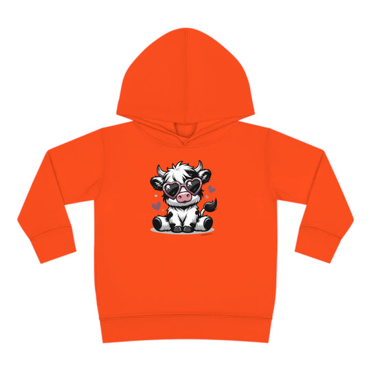 Cute Cow Toddler Hoodie with cartoon cow and sunglasses design, featuring durable hood and side seam pockets for cozy comfort. Ideal for playful kids.