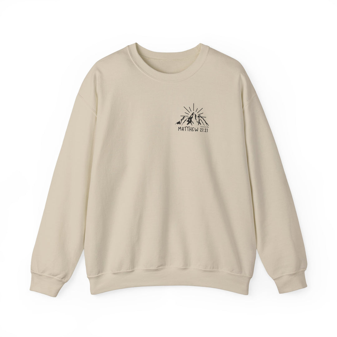 Unisex Faith Can Move Mountains Crew sweatshirt in white, featuring a logo with a mountain and sun. Made of 50% cotton and 50% polyester for comfort and durability. Perfect for colder months.
