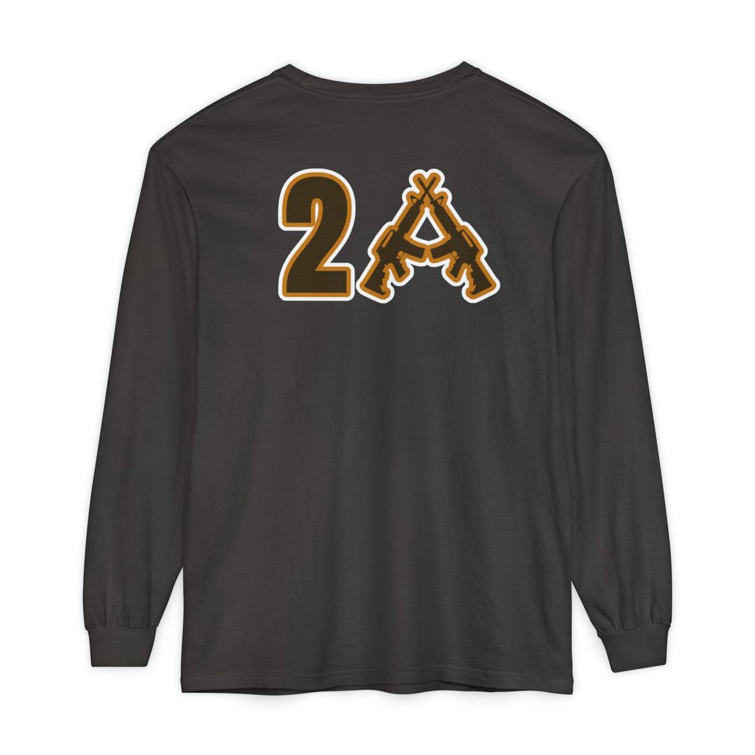 Back view of 2A Long Sleeve Tee featuring a stylized 2A graphic with bold font and crossed handguns, made of soft, 100% ring-spun cotton.