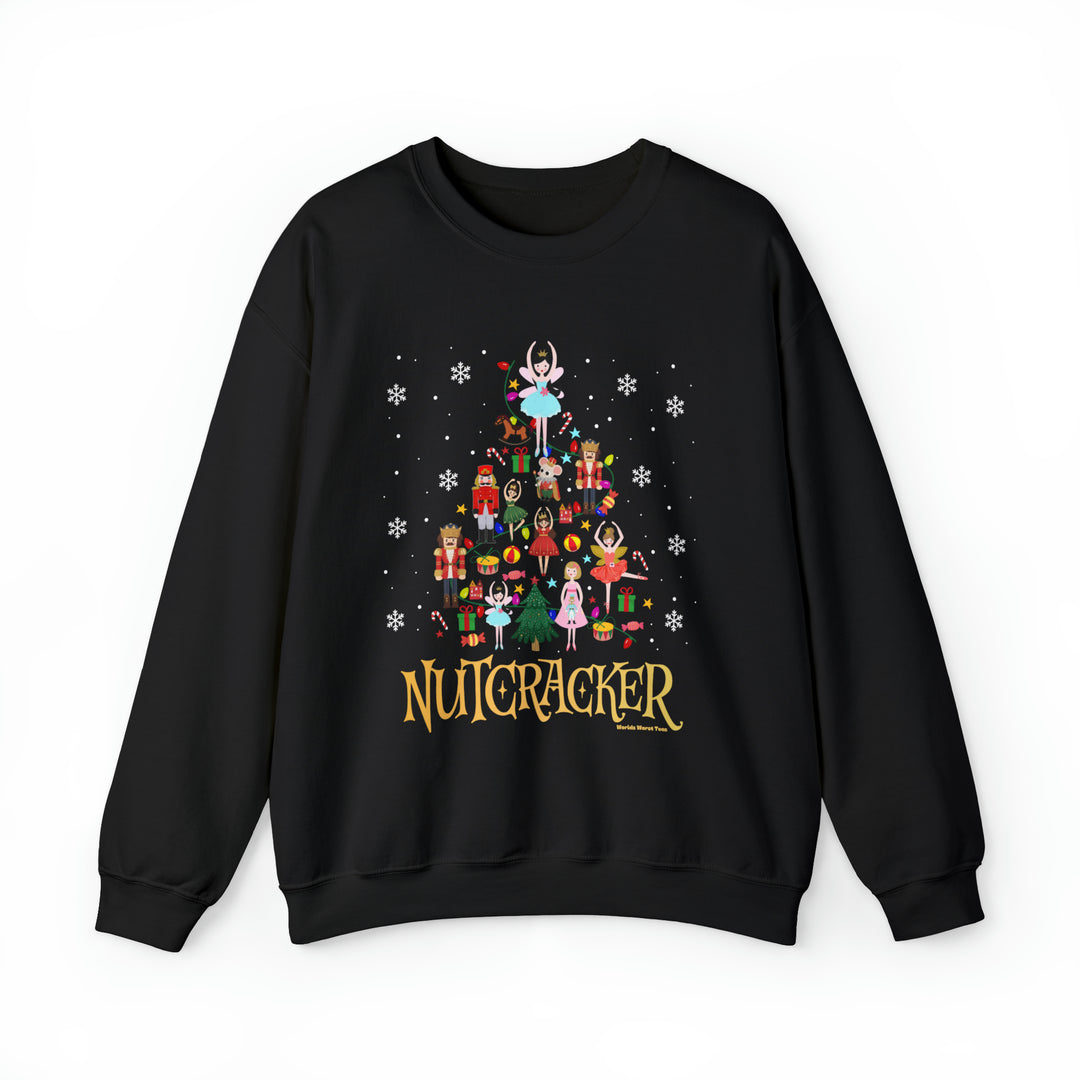 A Nutcracker Crew unisex heavy blend sweatshirt featuring a graphic design. Made of 50% cotton, 50% polyester with a ribbed knit collar for comfort. Loose fit, sewn-in label, sizes S-5XL.