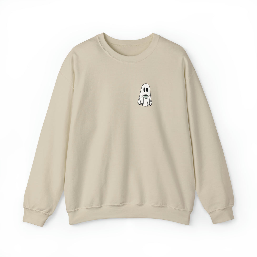 A white crewneck sweatshirt featuring a cartoon ghost holding a coffee cup. Unisex heavy blend with ribbed knit collar, loose fit, and no itchy side seams. Ideal for comfort in sizes S to 5XL.