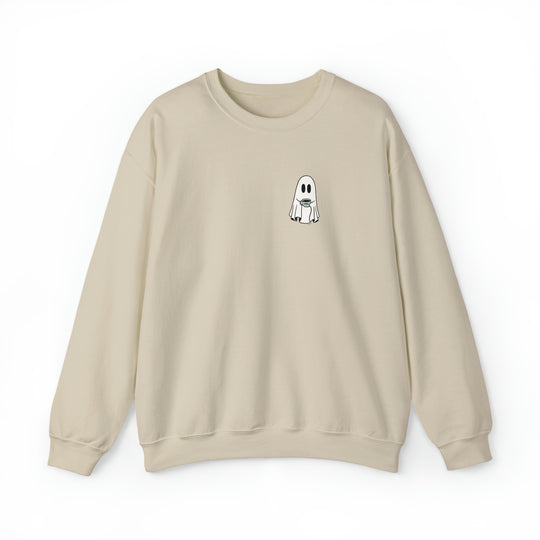 A white crewneck sweatshirt featuring a cartoon ghost holding a coffee cup. Unisex heavy blend with ribbed knit collar, loose fit, and no itchy side seams. Ideal for comfort in sizes S to 5XL.