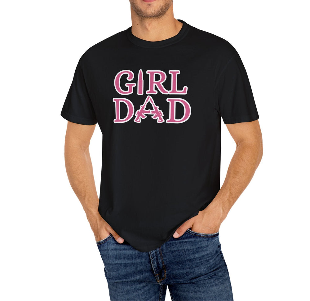 Man wearing a black Girl Dad Tee with pink text, showcasing its soft, relaxed fit and durable stitching from Worlds Worst Tees.