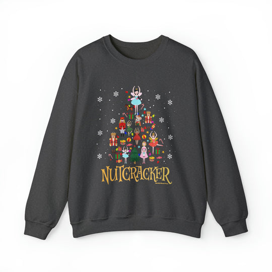 A Nutcracker Crew heavy blend sweatshirt featuring a graphic design of a Christmas tree made of cartoon characters, a fairy, and a ballerina. Unisex fit, ribbed knit collar, 50% cotton, 50% polyester.