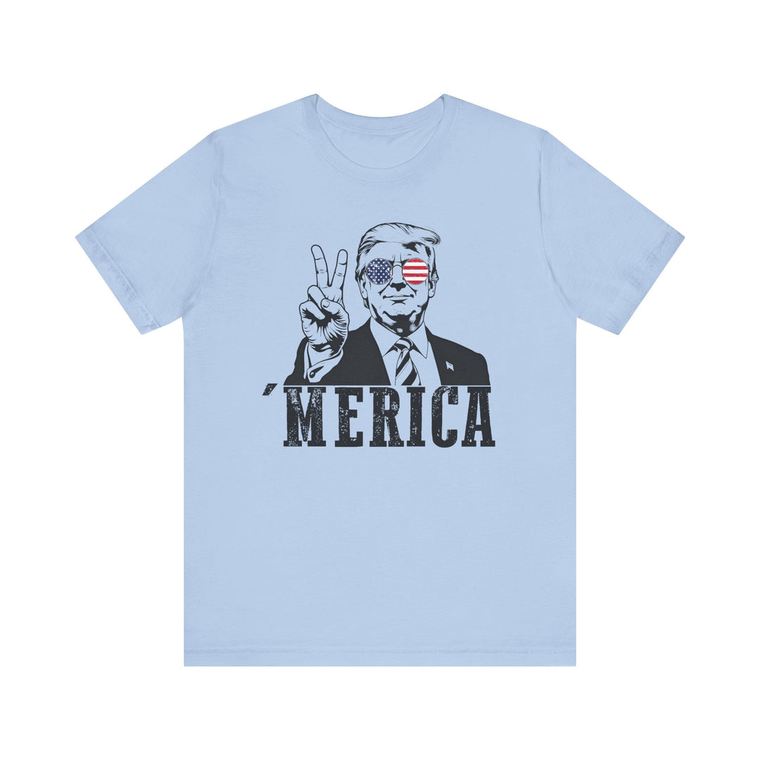 The Trump 'Merica Tee, a classic unisex jersey short sleeve, features soft cotton, ribbed knit collars, and a crew neckline for casual wear.