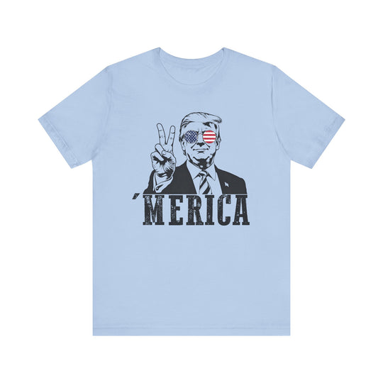 The Trump 'Merica Tee, a classic unisex jersey short sleeve, features soft cotton, ribbed knit collars, and a crew neckline for casual wear.
