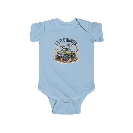 A Little Hunter Onesie for infants, featuring a car design. Made of 100% cotton, with ribbed knitting for durability and plastic snaps for easy changing access. Combed ringspun cotton, light fabric, tear away label.