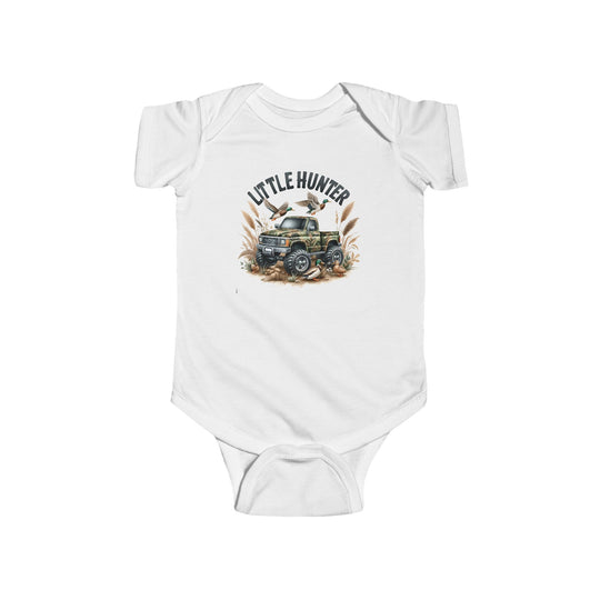 A white Little Hunter Onesie baby bodysuit featuring a truck design, ideal for 0-24M. Made of 100% cotton, with ribbed knitting for durability and plastic snaps for easy changing access. From Worlds Worst Tees.