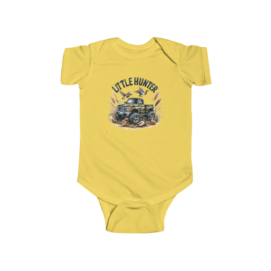 Little Hunter Onesie baby bodysuit featuring a truck design, ideal for infants. 100% cotton fabric, ribbed knitting for durability, and plastic snaps for easy changing access. From Worlds Worst Tees.