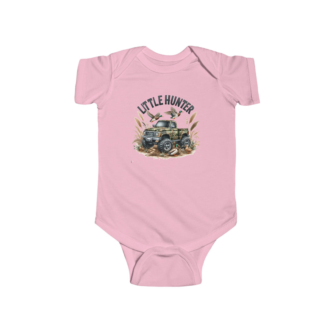 Little Hunter Onesie baby bodysuit featuring a pink design with a truck and ducks. Made of 100% cotton, with ribbed bindings and plastic snaps for easy changing. Ideal for infants.