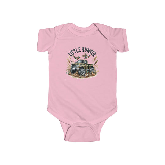 Little Hunter Onesie baby bodysuit featuring a pink design with a truck and ducks. Made of 100% cotton, with ribbed bindings and plastic snaps for easy changing. Ideal for infants.