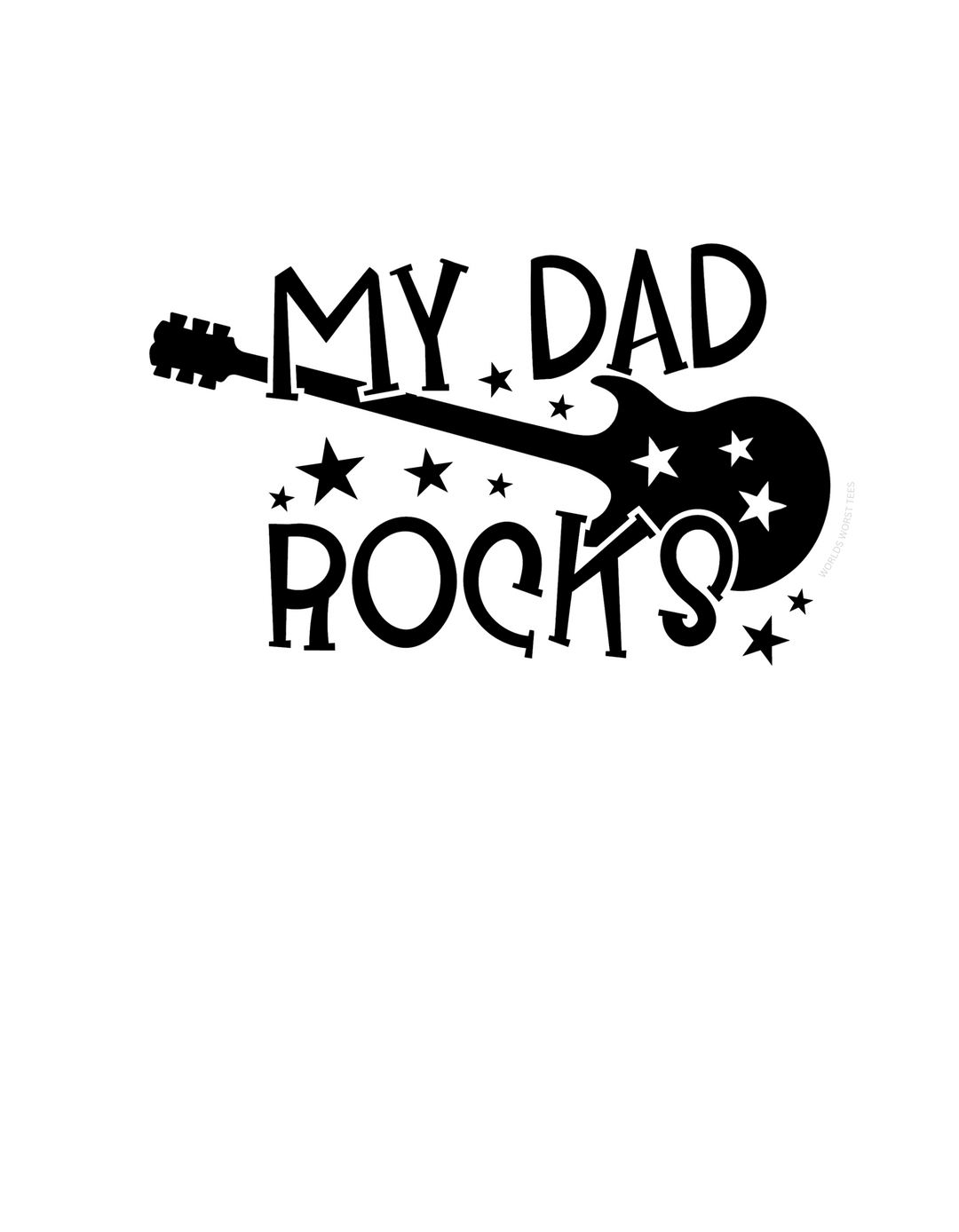 A black and white graphic design featuring a guitar and stars, embodying the My Dad Rocks Onesie from Worlds Worst Tees. Infant fine jersey bodysuit with 100% cotton fabric, ribbed knitting, and plastic snaps for easy changing access.