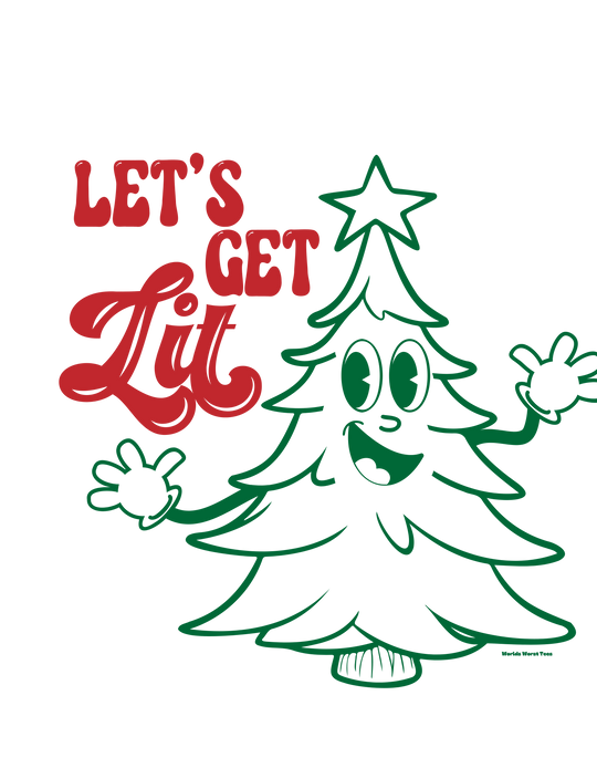 A festive Let's Get Lit Tee featuring a cartoon Christmas tree design with a star and hands. Unisex sweatshirt made of 80% ring-spun cotton and 20% polyester, offering luxurious comfort and style. Sizes range from S to 4XL.