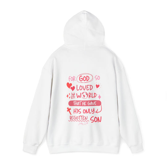 A white hoodie with red text, featuring a John 3:16 Hoodie design. Unisex heavy blend, cotton-polyester fabric for warmth. Kangaroo pocket and matching drawstring. Ideal for cold days.