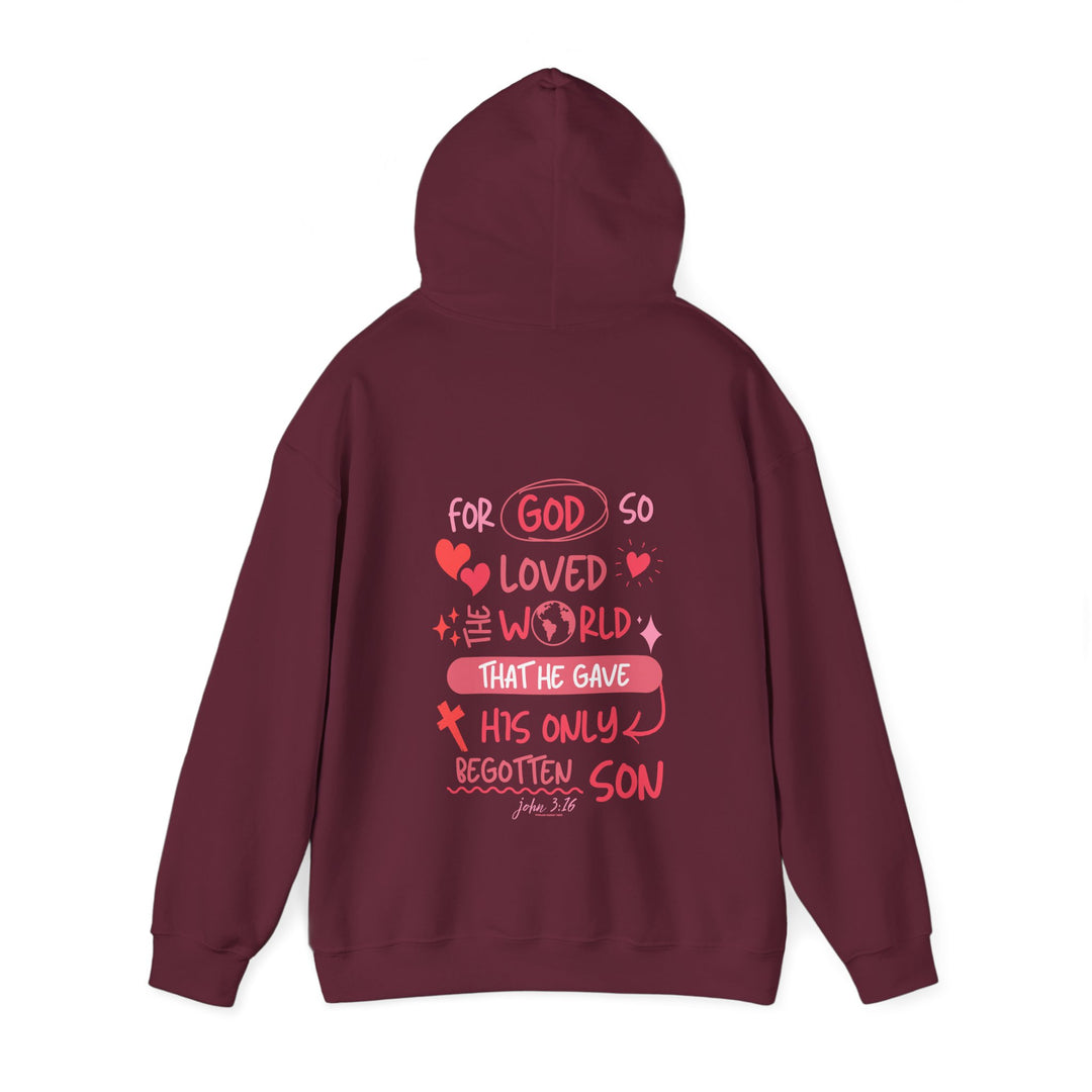 A cozy John 3:16 Hoodie, featuring a red hooded sweatshirt with white text. Unisex, cotton-polyester blend, kangaroo pocket, and matching drawstring. Perfect for chilly days. Classic fit, tear-away label.
