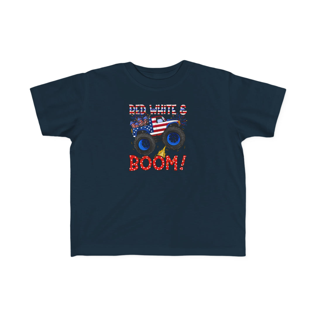Red White and Boom Toddler Tee featuring a blue shirt with a truck drawing and firework details. Soft 100% combed ringspun cotton, light fabric, tear-away label, perfect for sensitive skin. Ideal for first adventures.