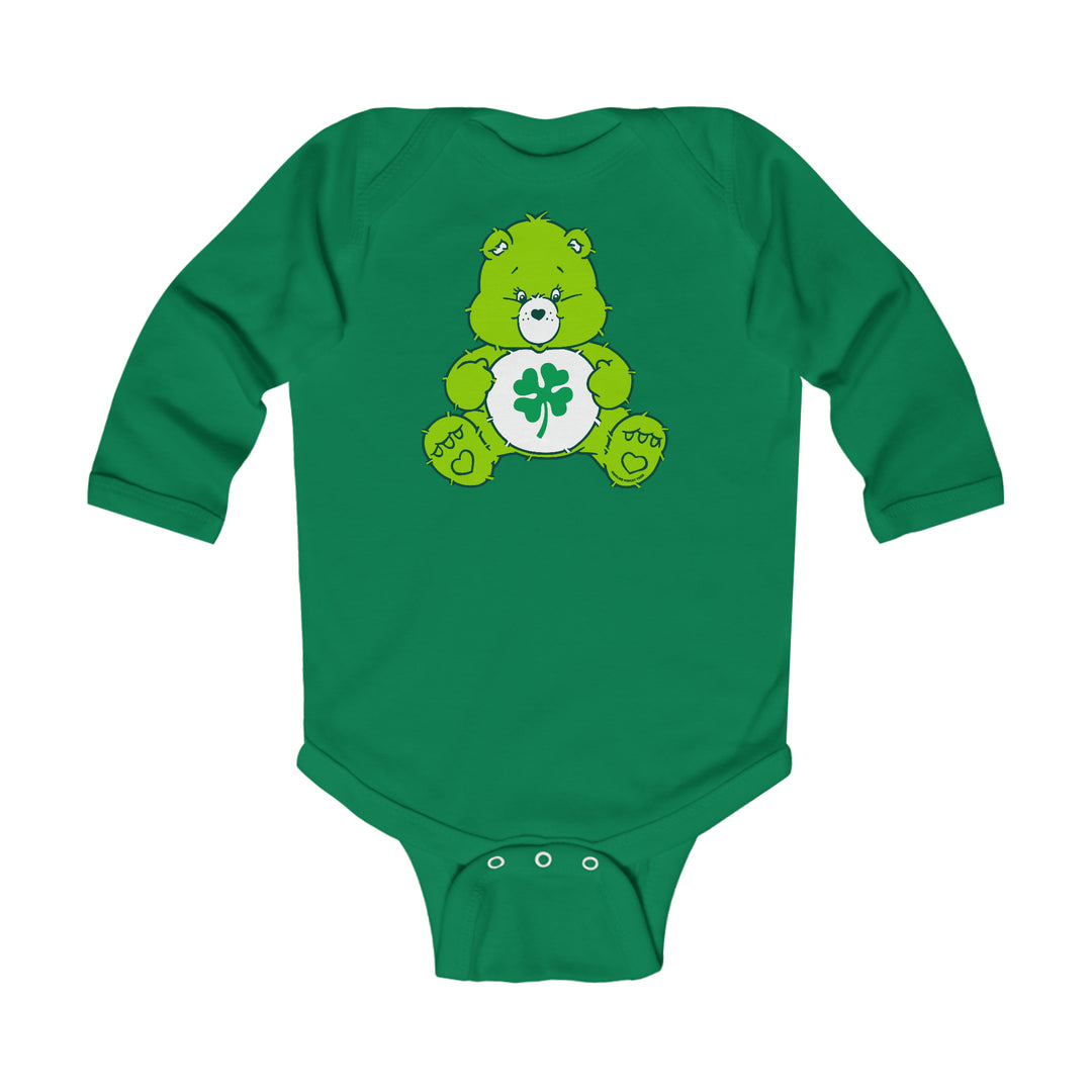 A Lucky Bear Onesie for infants in green, featuring a cute bear design. Made of soft cotton for baby's comfort, with ribbed bindings and plastic snaps for easy changing. From Worlds Worst Tees.