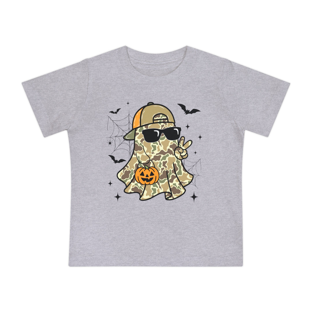 Candy Ghost Baby Tee: Heather-gray tee featuring a camo-clad ghost with sunglasses, peace sign, jack-o’-lantern, surrounded by bats, webs, and starbursts.