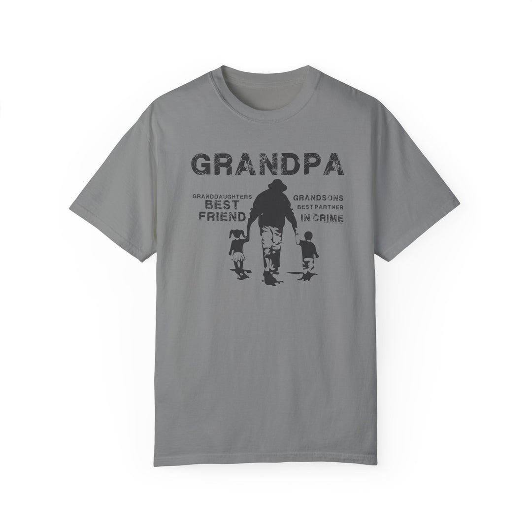 A relaxed fit Grandpa and Grandkids Tee, featuring a man and a child on a skateboard. Made of 100% ring-spun cotton for comfort and durability. No side-seams for a tubular shape.