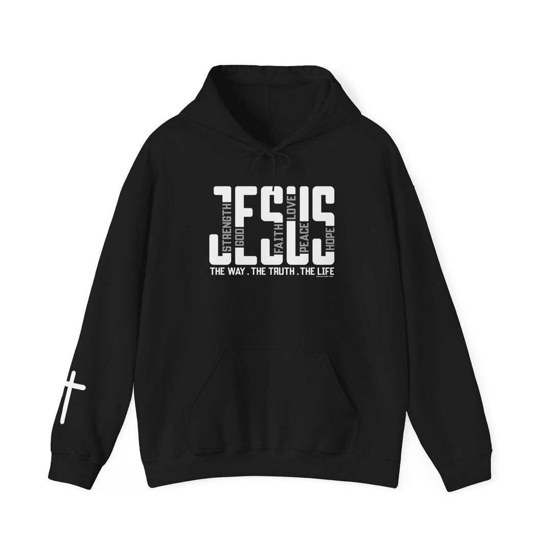 A black Jesus Hoodie, a blend of cotton and polyester, featuring a kangaroo pocket and matching drawstring hood. Unisex, cozy, and stylish for cold days. Classic fit, tear-away label, true to size.