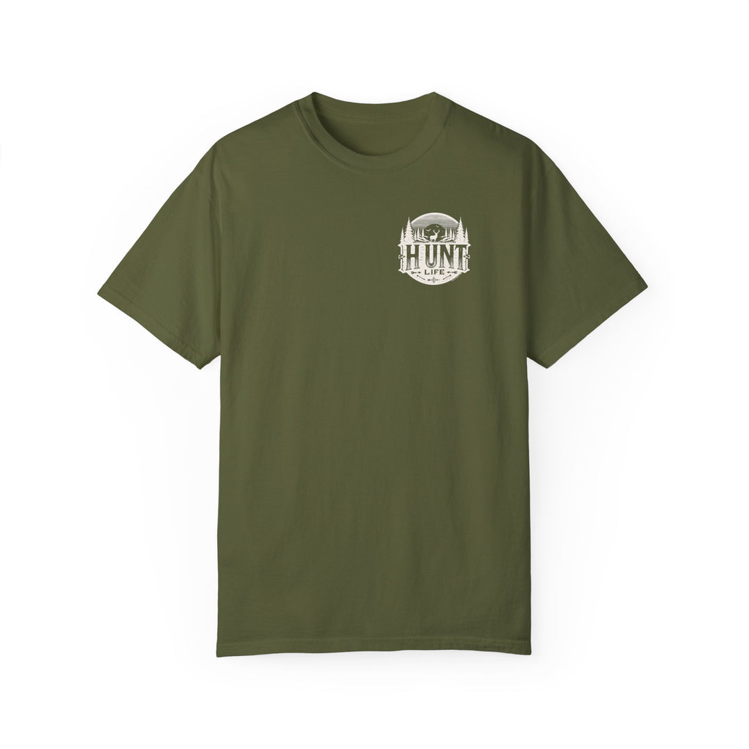 Turkey Hunting Tee: A green t-shirt featuring a deer and tree logo. 100% ring-spun cotton, garment-dyed for extra coziness. Relaxed fit with double-needle stitching for durability.