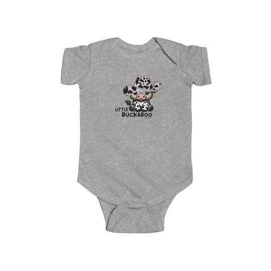 A grey baby bodysuit featuring a cow in a cowboy hat, ideal for infants. Made of 100% cotton with ribbed bindings for durability. Plastic snaps for easy changing access. From Worlds Worst Tees.