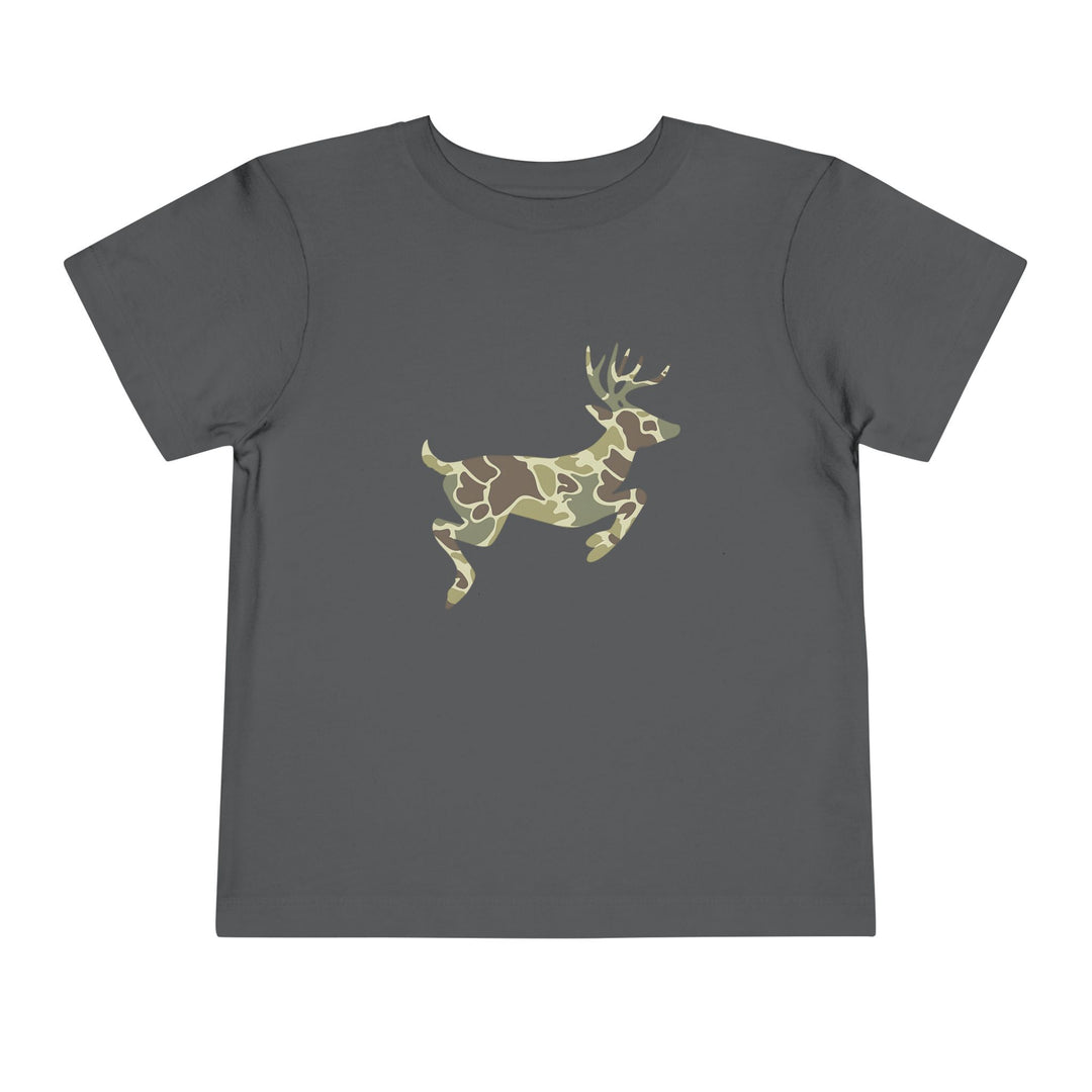 Camo Deer Toddler Tee: Dark gray short-sleeve T-shirt with a woodland camouflage deer silhouette, designed for comfort with 100% Airlume cotton, ideal for everyday wear.