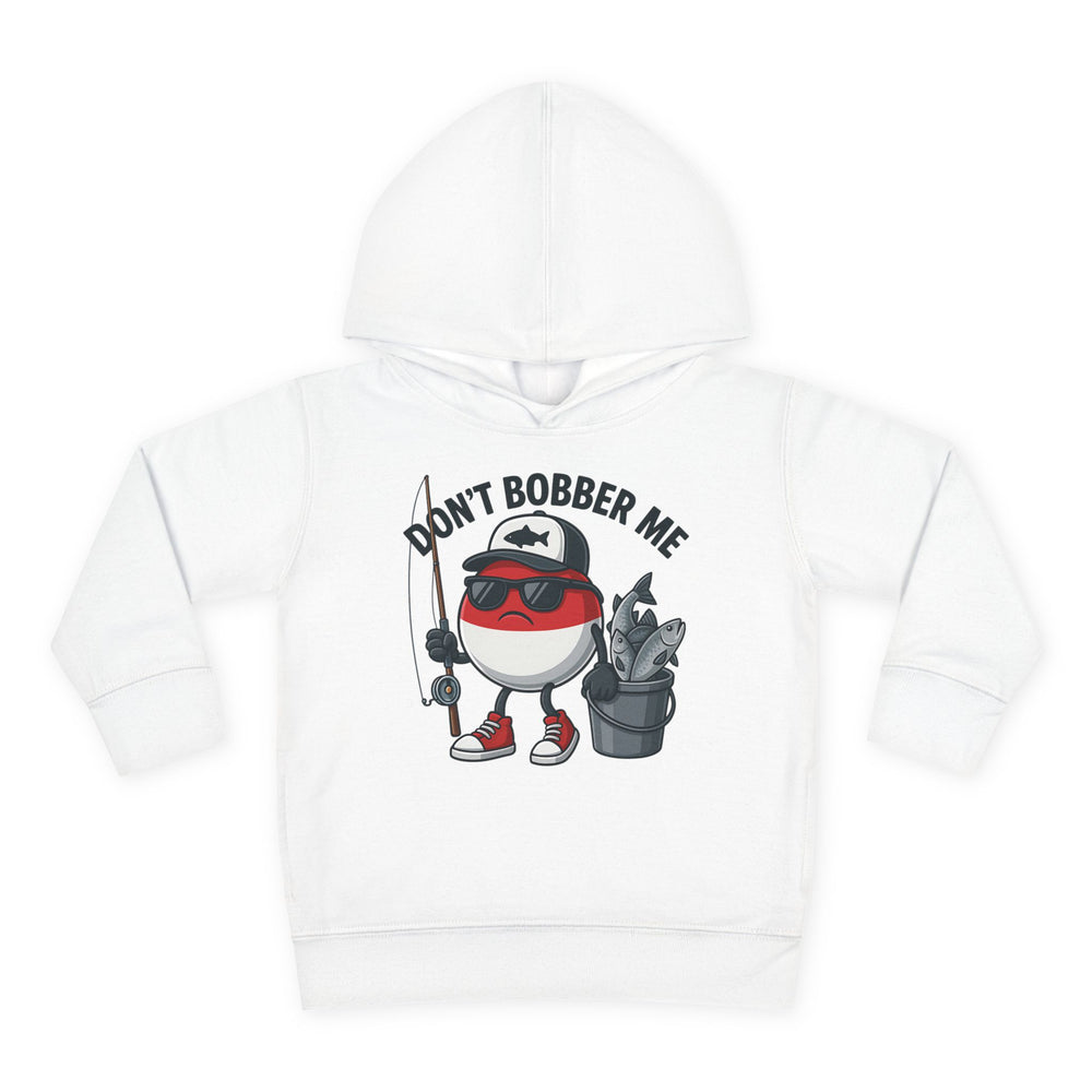 Don't Bobber Me Toddler Hoodie features a cartoon bobber with sunglasses, a cap, and fishing gear, offering comfort and durability with jersey-lined hood and side pockets.
