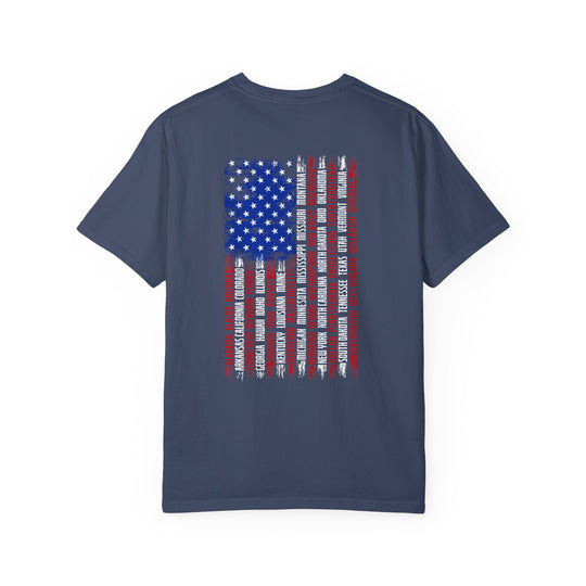 A relaxed fit State Flag Tee, crafted from 100% ring-spun cotton for ultimate comfort. Garment-dyed with double-needle stitching for durability, this tee features a flag design on a blue shirt.