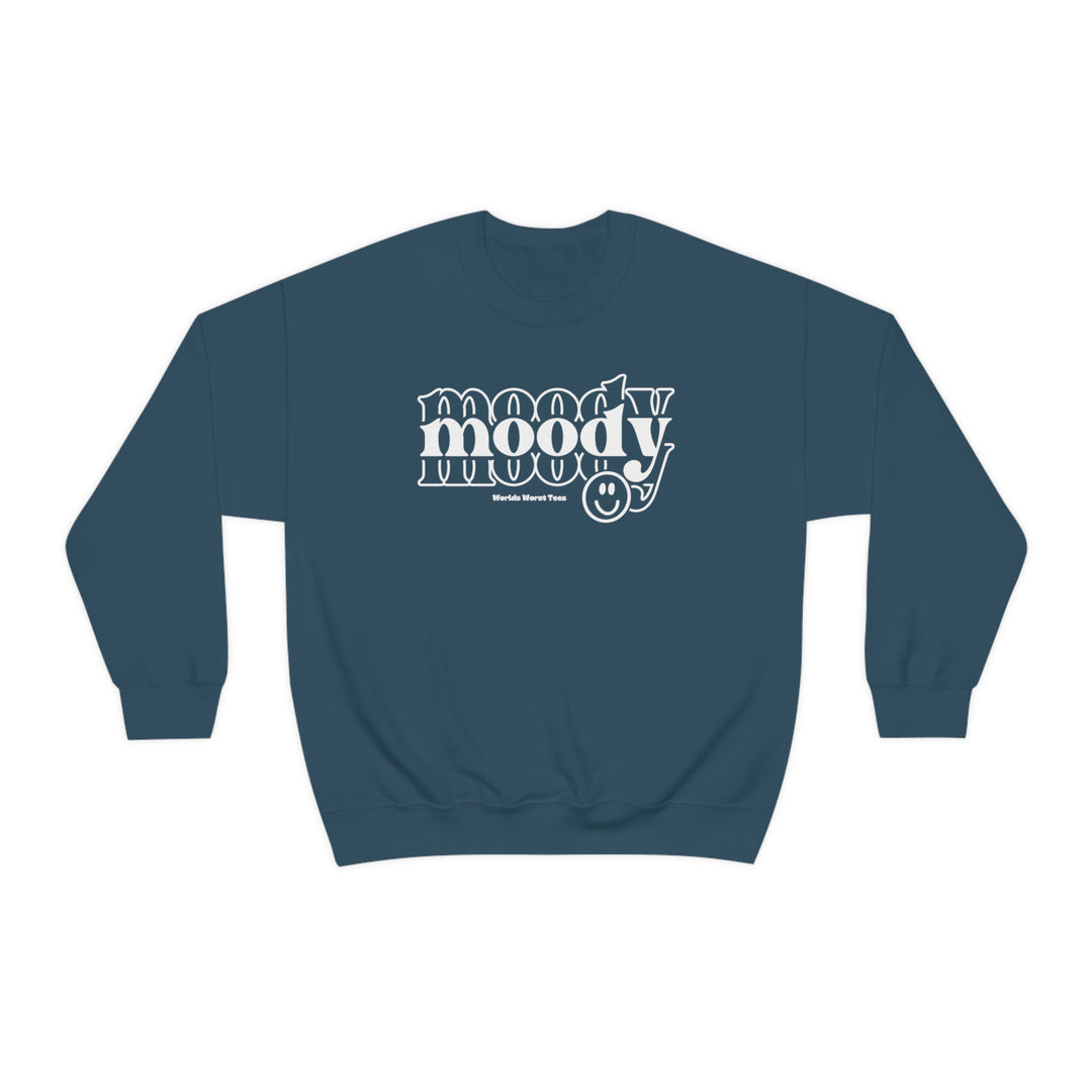 Moody Crew unisex sweatshirt, featuring logo on blue fabric. Heavy blend of cotton and polyester, ribbed knit collar, no itchy seams. Comfortable loose fit, sizes S-5XL. Ideal for all occasions.