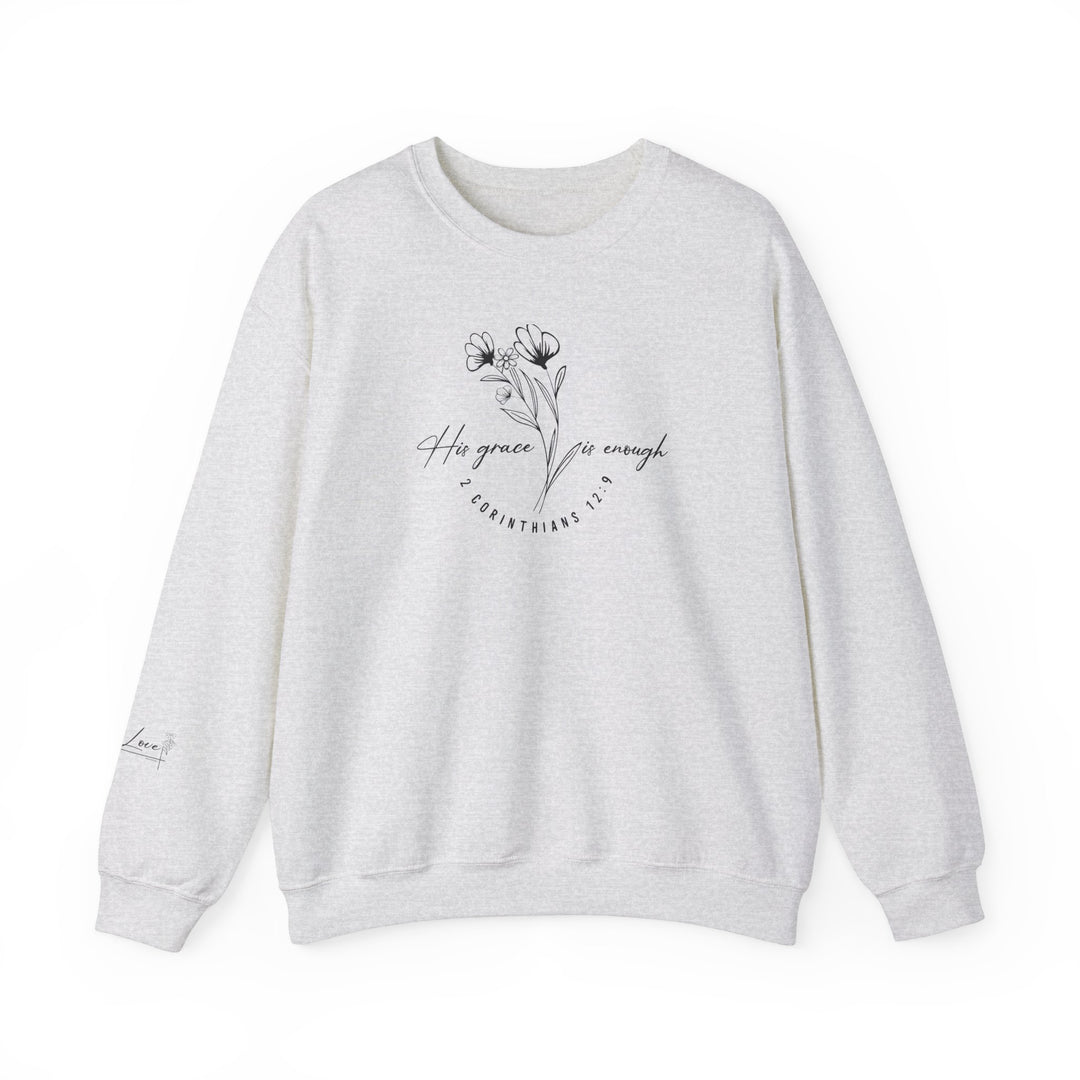 A white crewneck sweatshirt with a graphic design featuring floral elements, embodying comfort and style. Made from a blend of polyester and cotton, this cozy sweatshirt boasts a classic fit and durable construction, ideal for colder months. Crafted ethically with 100% US cotton.