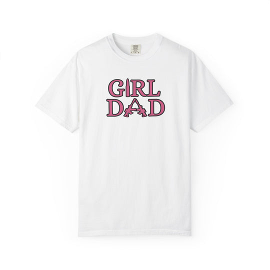 White Girl Dad Tee with pink text, featuring a relaxed fit and durable construction, made from soft-washed, garment-dyed ring-spun cotton for everyday comfort.