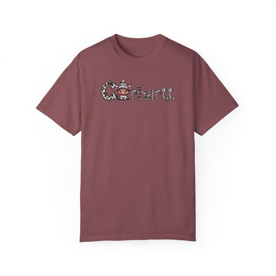 A maroon Cowhartt Cow Tee, featuring a cartoon cow with a hat on a relaxed fit, ring-spun cotton t-shirt. Medium weight, double-needle stitching, and seamless design for durability and comfort.