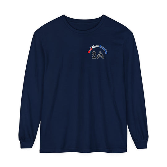 Long-sleeve tee featuring God Bless America 2A logo with guns on blue background. 100% ring-spun cotton, garment-dyed fabric, relaxed fit for comfort. Ideal for casual settings. Classic Fit.