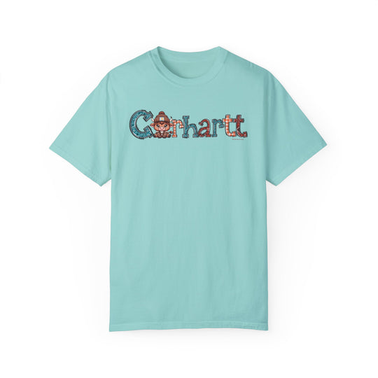 Blue Cowhartt Tee, 100% ring-spun cotton, medium weight, relaxed fit. Cartoon cow with horns and hat design on a durable, cozy garment-dyed t-shirt. Double-needle stitching, tubular shape.