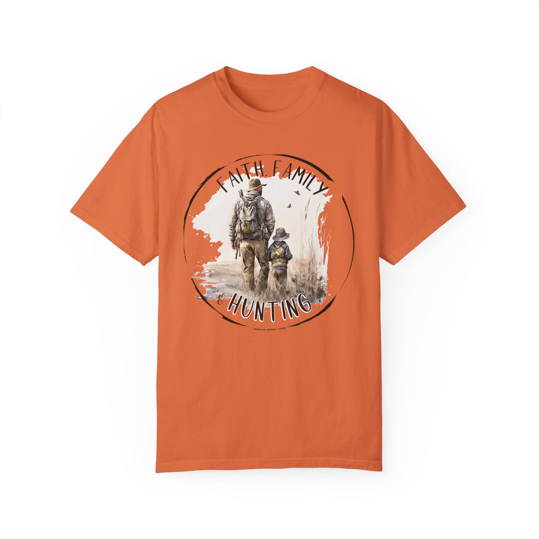 A relaxed-fit Faith Family Hunting Tee featuring a man and a child on a garment-dyed t-shirt. Made of 100% ring-spun cotton for comfort and durability, ideal for daily wear.