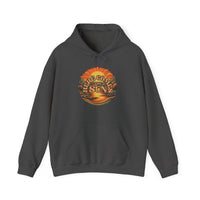 A black hoodie with a graphic design featuring a sunset and mountains. Unisex heavy blend for relaxation, cotton-polyester mix, kangaroo pocket, and drawstring hood. Here Comes the Sun Hoodie by Worlds Worst Tees.