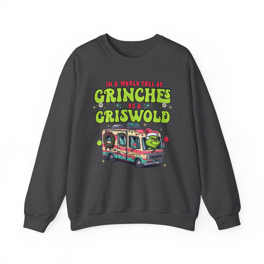 A grey crewneck sweatshirt featuring a cartoon of a holiday vehicle, perfect for comfort and style. Unisex, 50% cotton, 50% polyester blend, ribbed collar, loose fit. Ideal for any occasion.