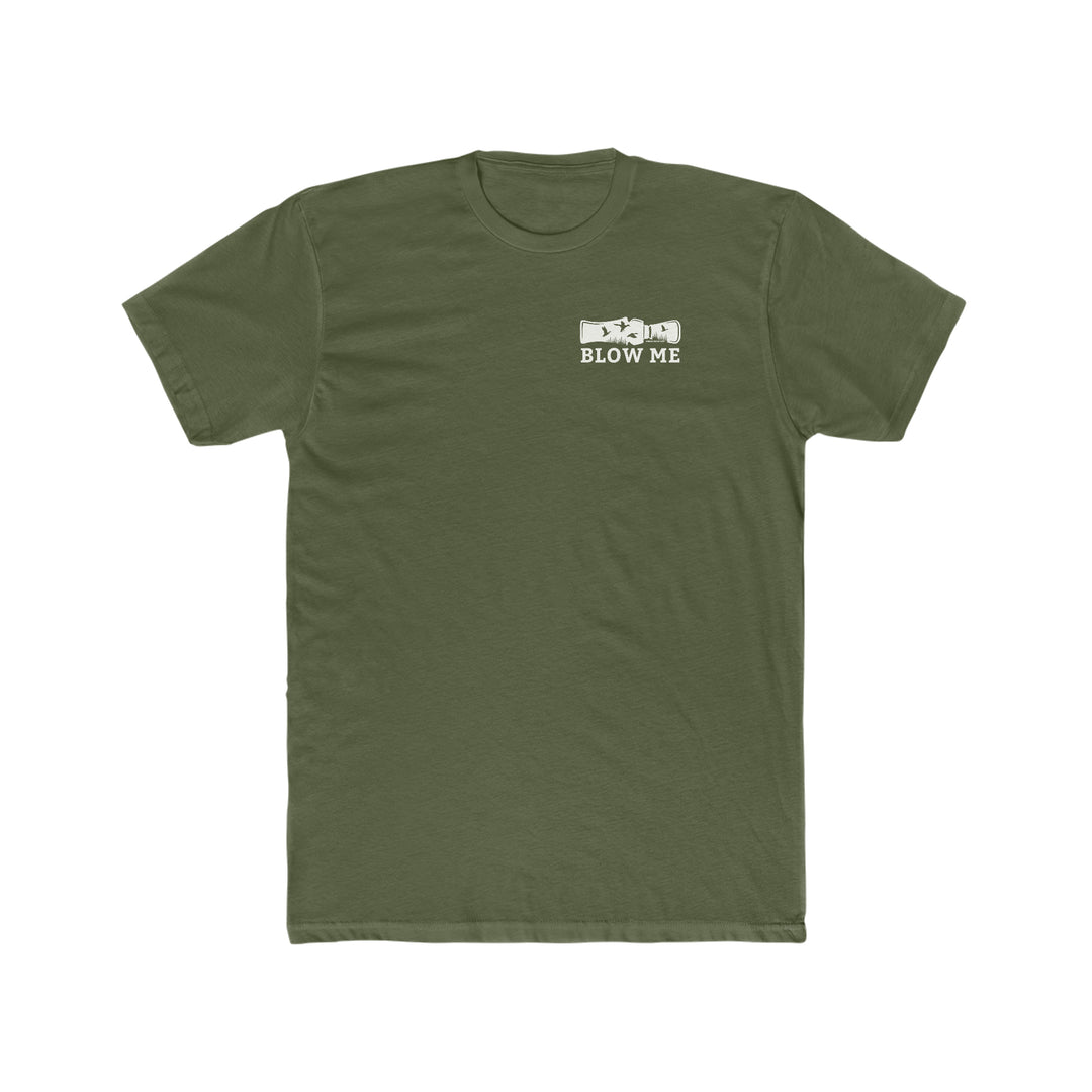 Blow Me Tee: A green t-shirt with a white logo of a hand with birds flying. Premium fit, 100% combed cotton, light fabric, ribbed collar, and roomy design. Ideal for workouts and everyday wear.