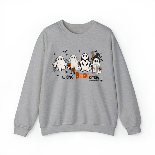 A grey sweatshirt featuring a playful design of ghosts and bats, ideal for comfort in any situation. Unisex heavy blend crewneck with ribbed knit collar, 50% cotton, 50% polyester, loose fit, and sewn-in label.