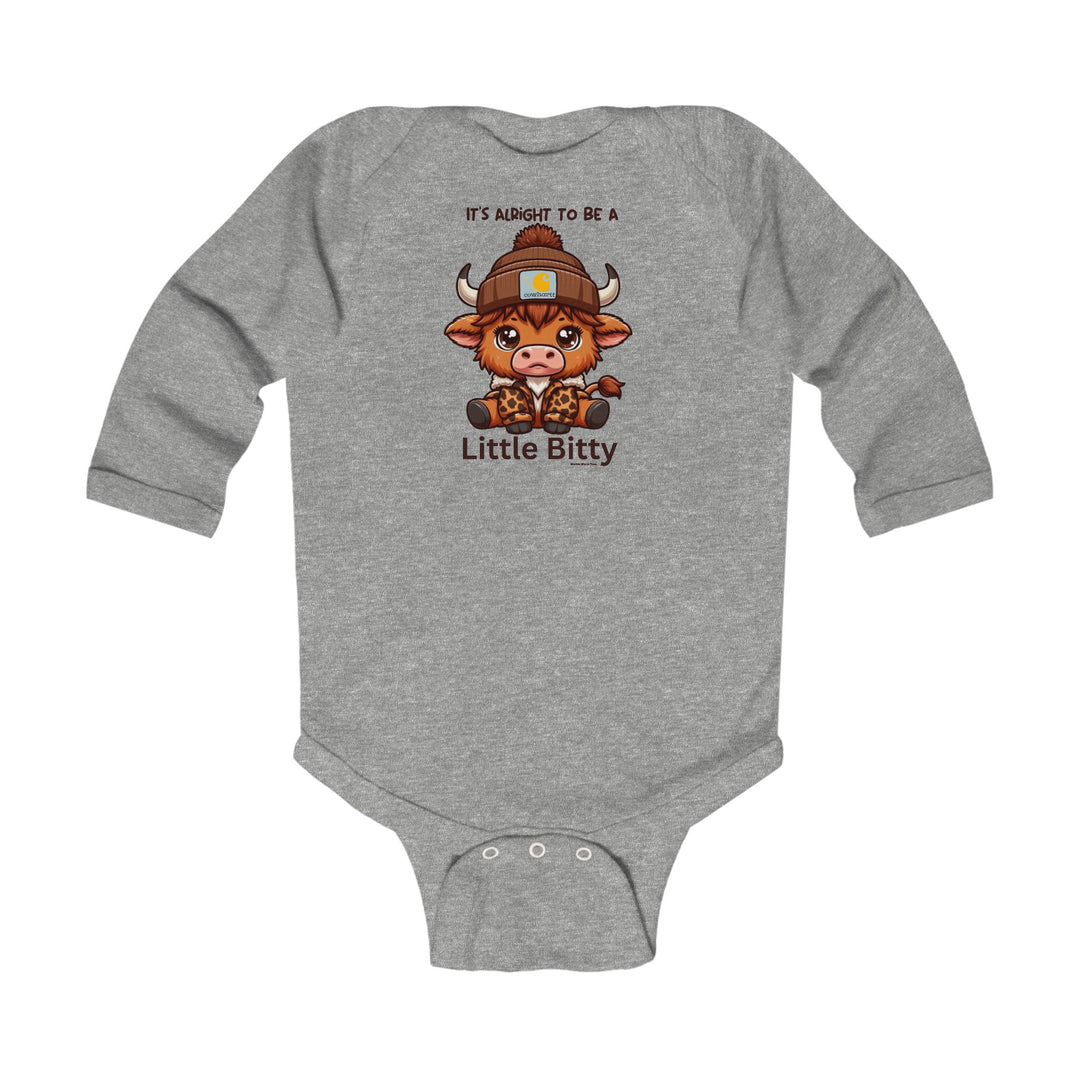 Little Bitty Long Sleeve Onesie featuring a cartoon cow design on a grey bodysuit for infants. Made of soft, durable 100% cotton with ribbed bindings and plastic snaps for easy changing. Ideal for comfort and playtime.