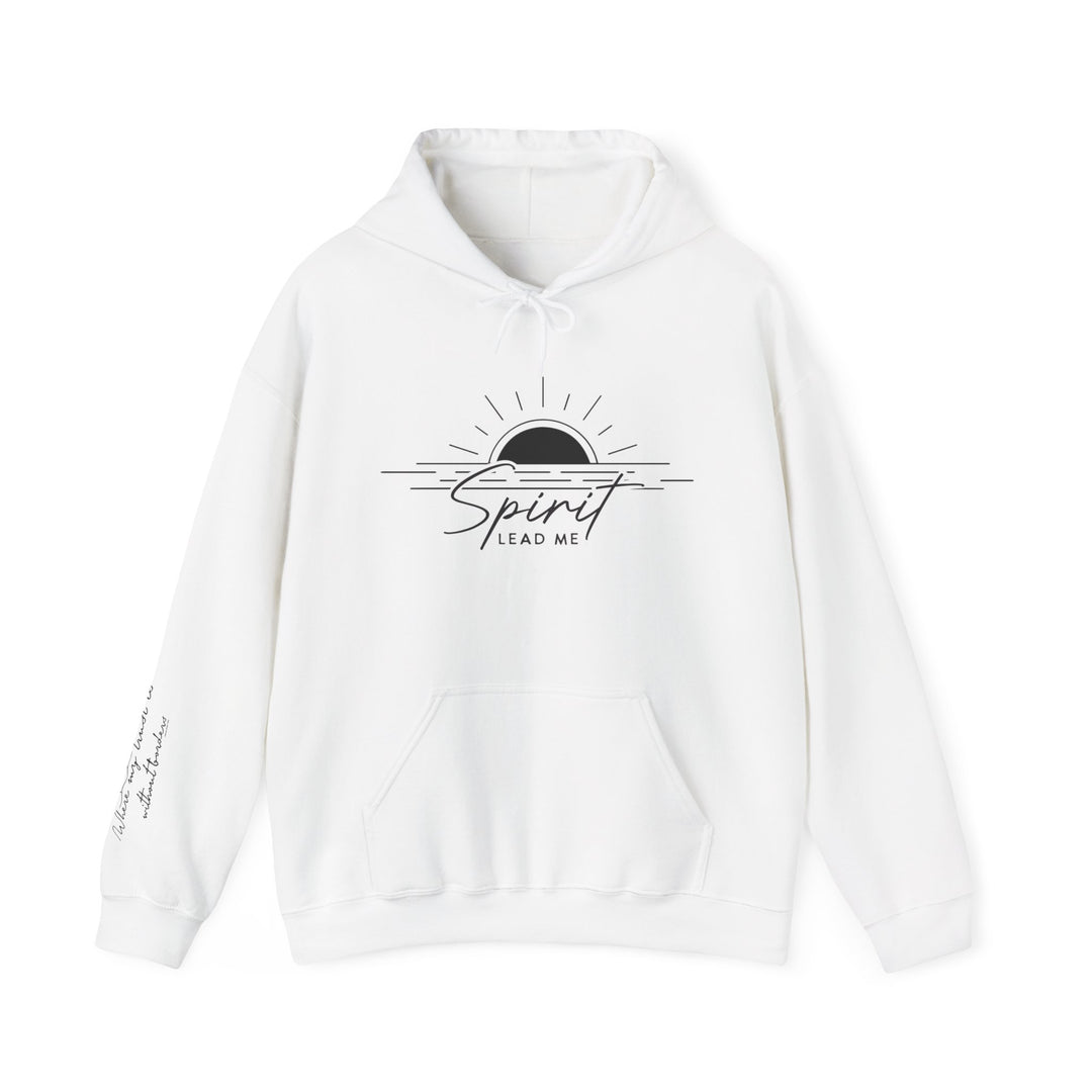 Spirit Lead Me Hoodie: A white unisex heavy blend hooded sweatshirt with a logo featuring a sun and water. Made of 50% cotton and 50% polyester, plush and warm, with kangaroo pocket and matching drawstring.